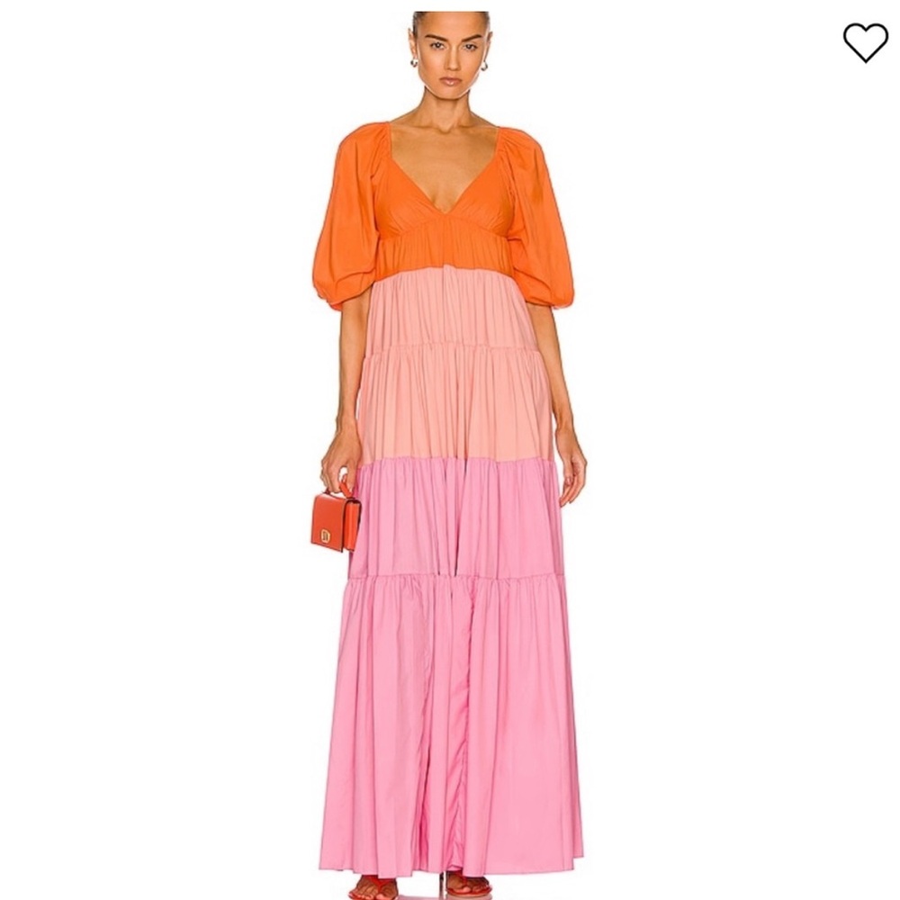 STAUD Orange Peach Pink Tiered Maxi Dress
